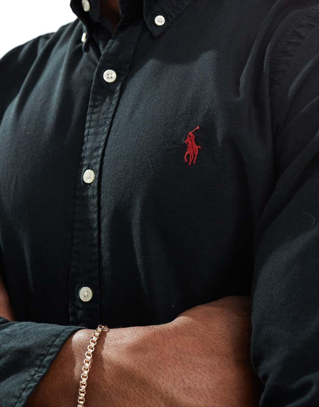 Polo Ralph Lauren icon logo slim fit yarn dyed oxford shirt in black Product Image
