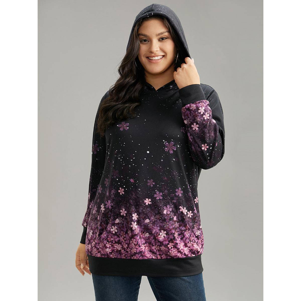 Plus Size Floral Hooded Kangaroo Pocket Sweatshirt Women Black Casual Printed Hooded Dailywear Sweatshirts BloomChic 30/6X Product Image