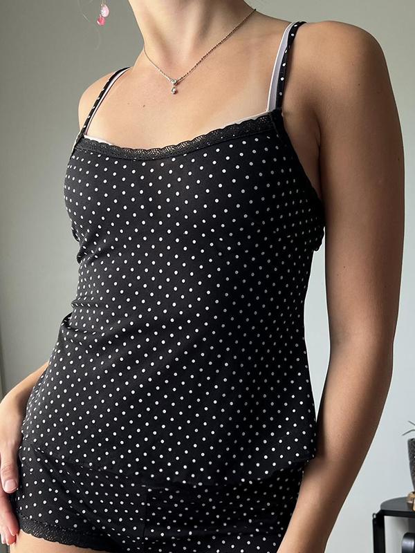 Polka Dot Print Lace Trim Cami Top & Shorts Set Product Image