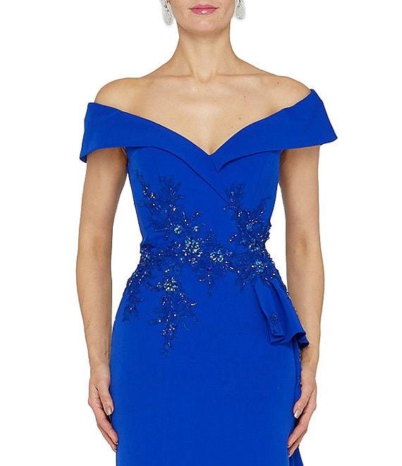 Terani Couture Off-the-Shoulder Short Sleeve Peplum Beaded Applique Mermaid Gown Product Image