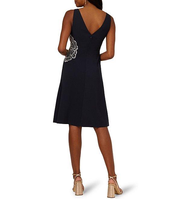 Adrianna Papell Floral Beaded Crepe Boat Neck Midi A-Line Dress Product Image