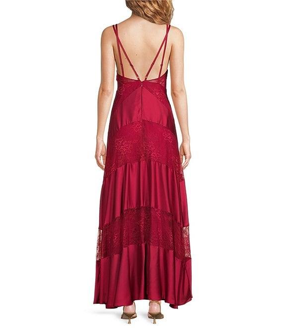 Layered With Love Celia Satin V-Neck Sleeveless Tiered Lace Maxi Dress Product Image