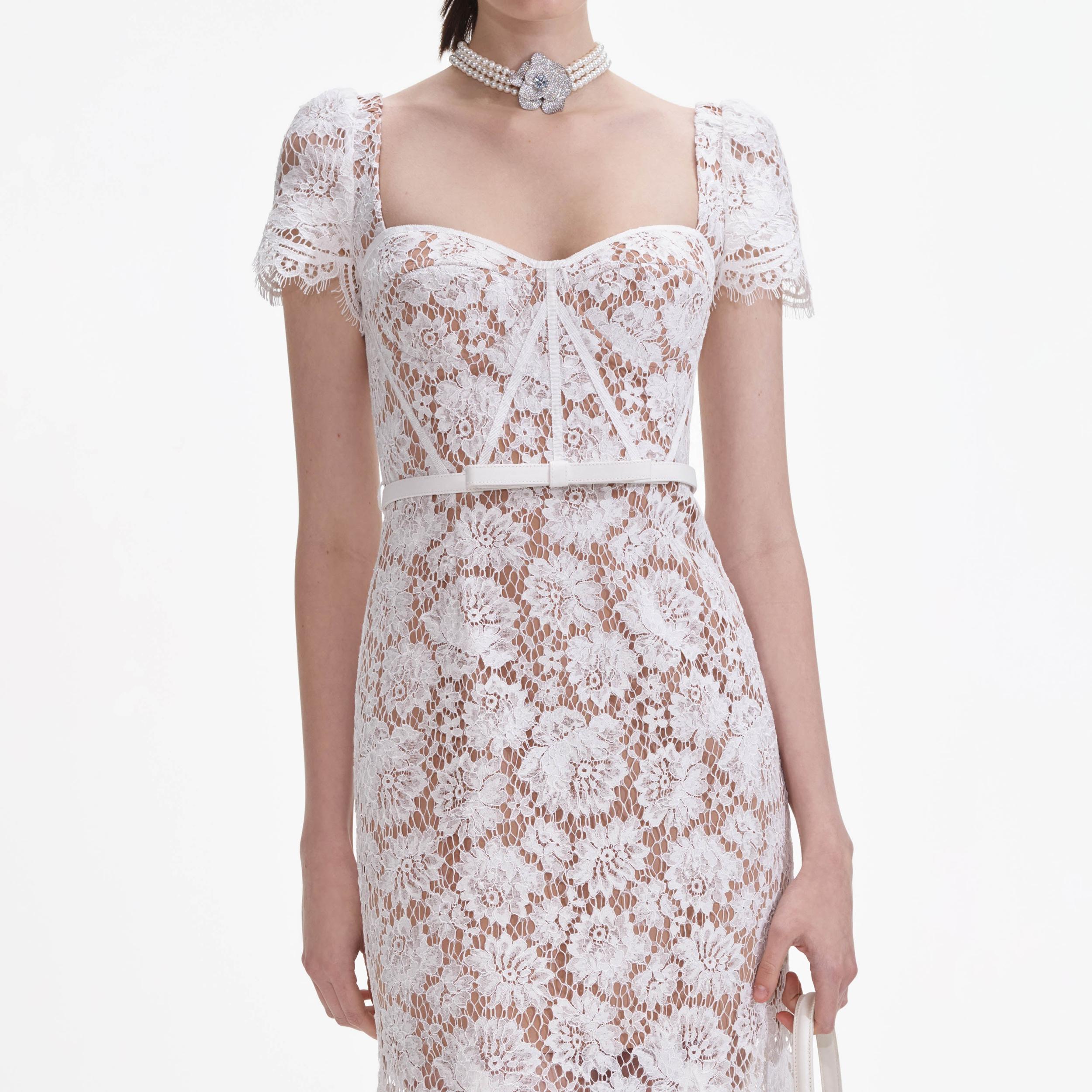 White Fine Lace Midi Dress Product Image