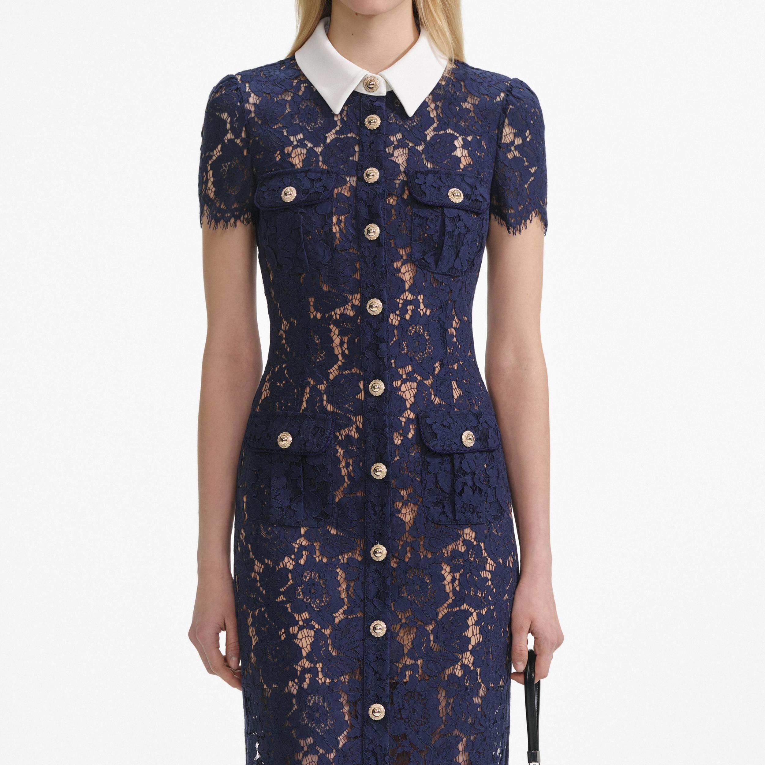 Navy Lace Contrast Collar Midi Dress Product Image