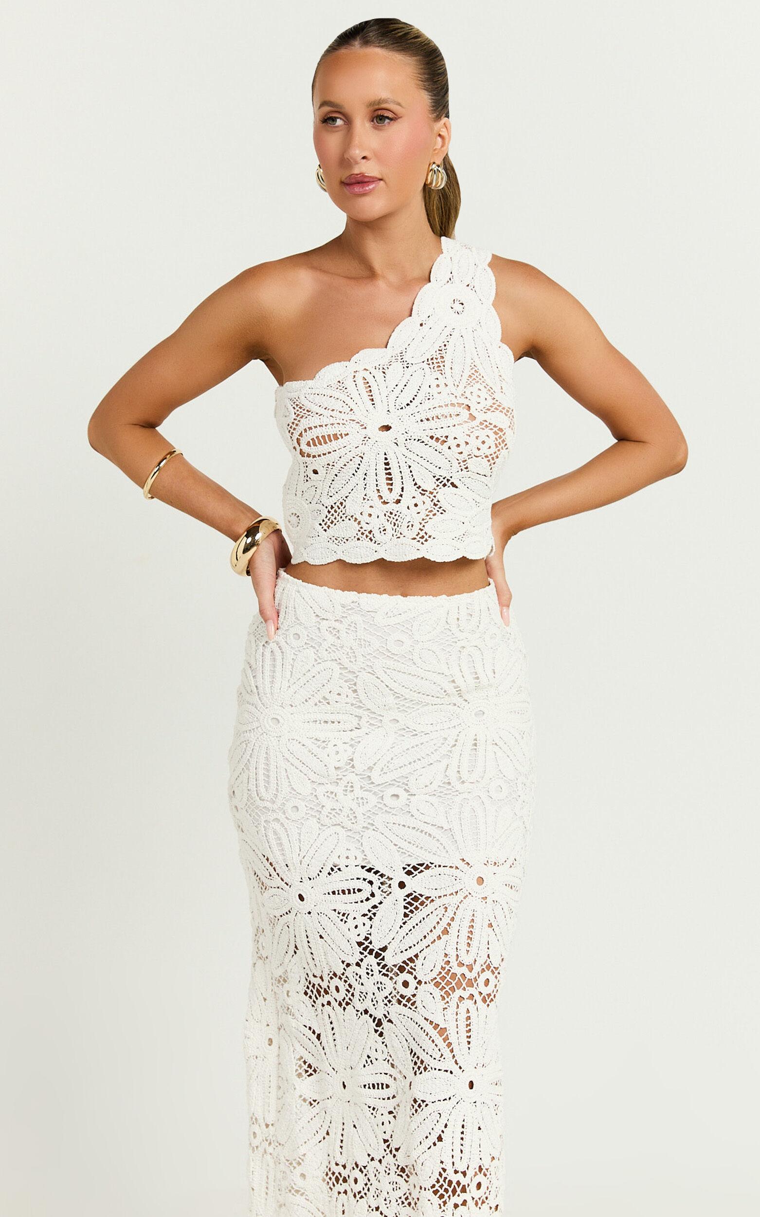 Charlene Top - Crochet One Shoulder Top in White Product Image