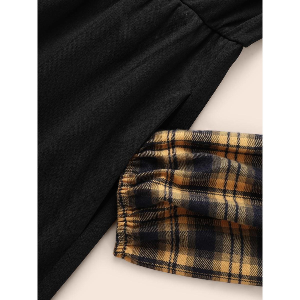 Plus Size Plaid Patchwork Elastic Waist Midi Dress Mustardyellow Women At the Office Patchwork Shirt collar Long Sleeve Curvy BloomChic 12/L Product Image