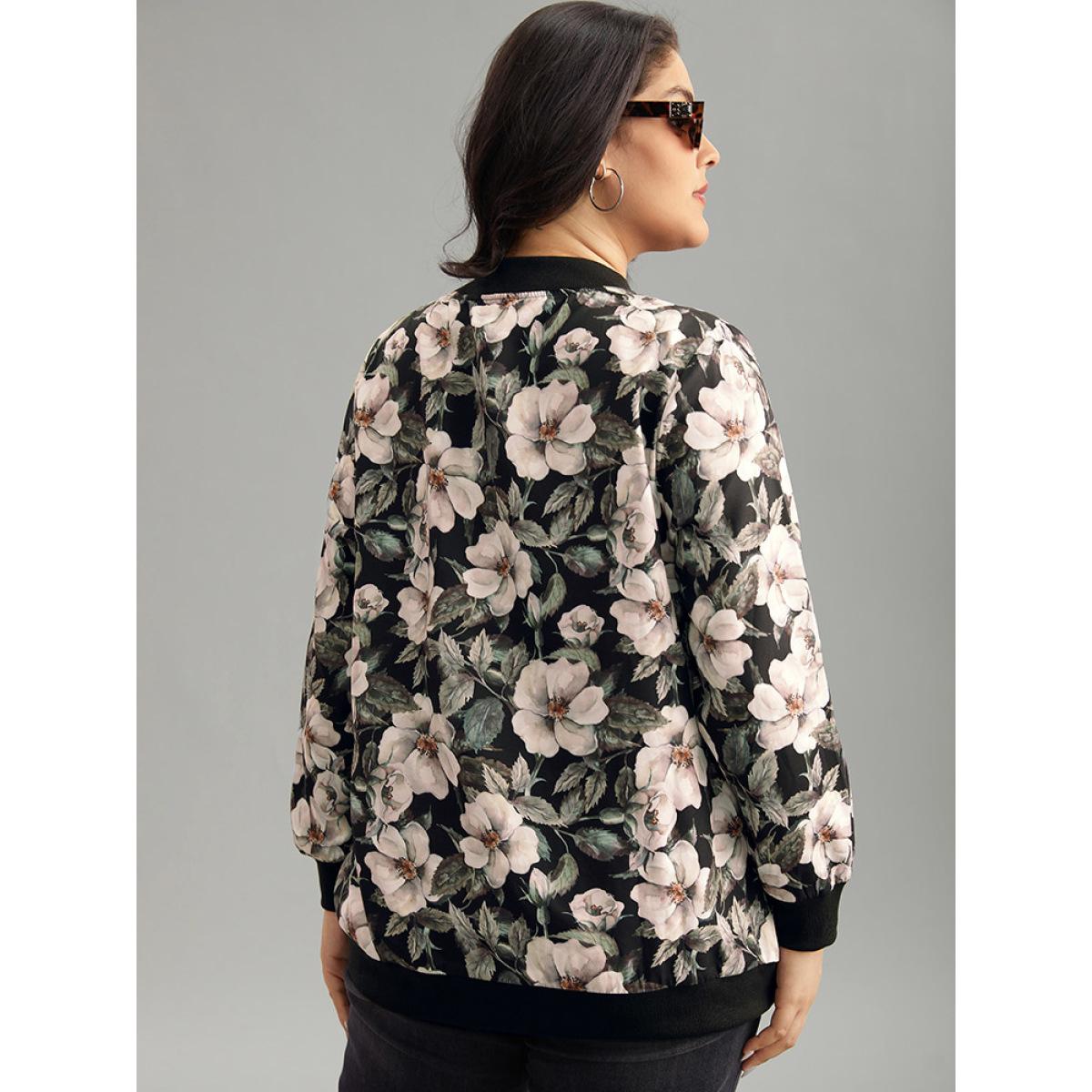 Plus Size Floral Print Patchwork Zipper Jacket Women BlackFlower Elastic cuffs Pocket Everyday Jackets BloomChic 14-16/1X Product Image