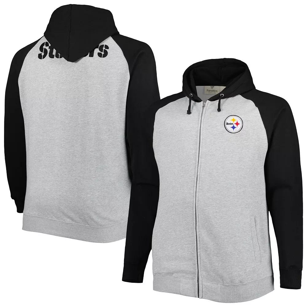 Men's Heather Gray Pittsburgh Steelers Big & Tall Fleece Raglan Full-Zip Hoodie Jacket, Size: XLT, Grey Product Image