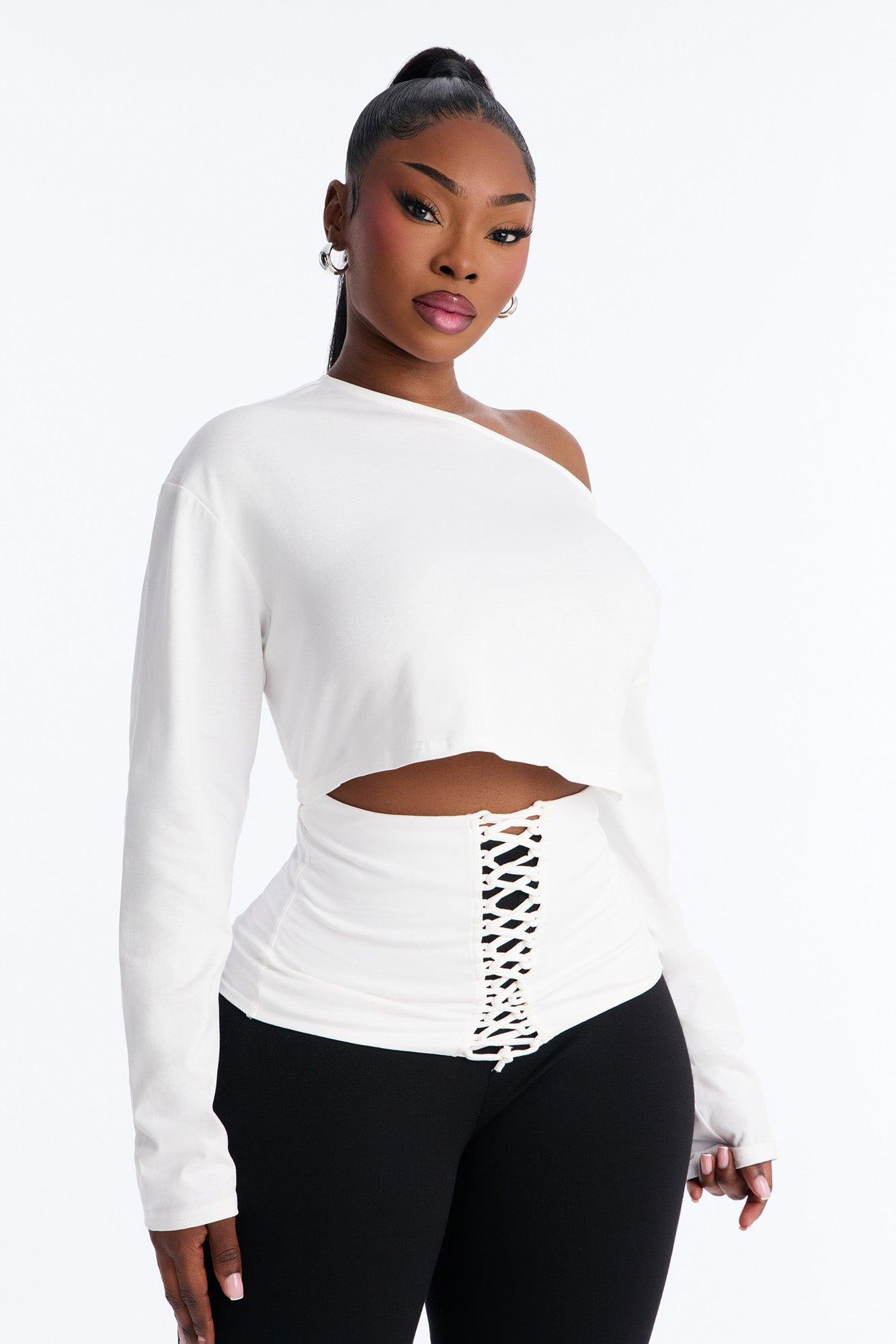Olandria Off Shoulder Lace Up Long Sleeve Top - White Female Product Image