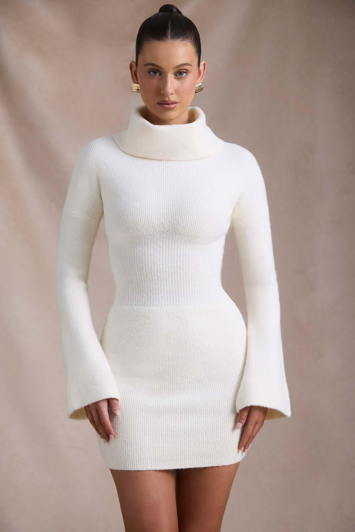 Ribbed-Knit Turtleneck Mini Jumper Dress in Ivory Product Image
