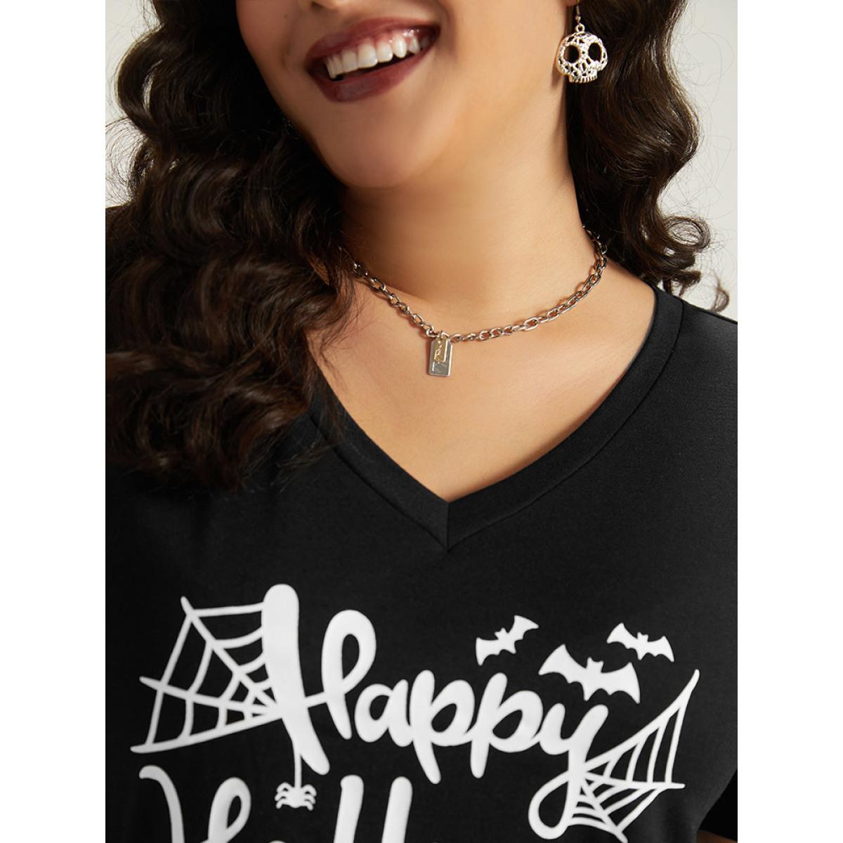 Plus Size Halloween Letter Print V Neck T-shirt Black Women Casual Printed Halloween Festival-Halloween T-shirts BloomChic 26/4X Product Image