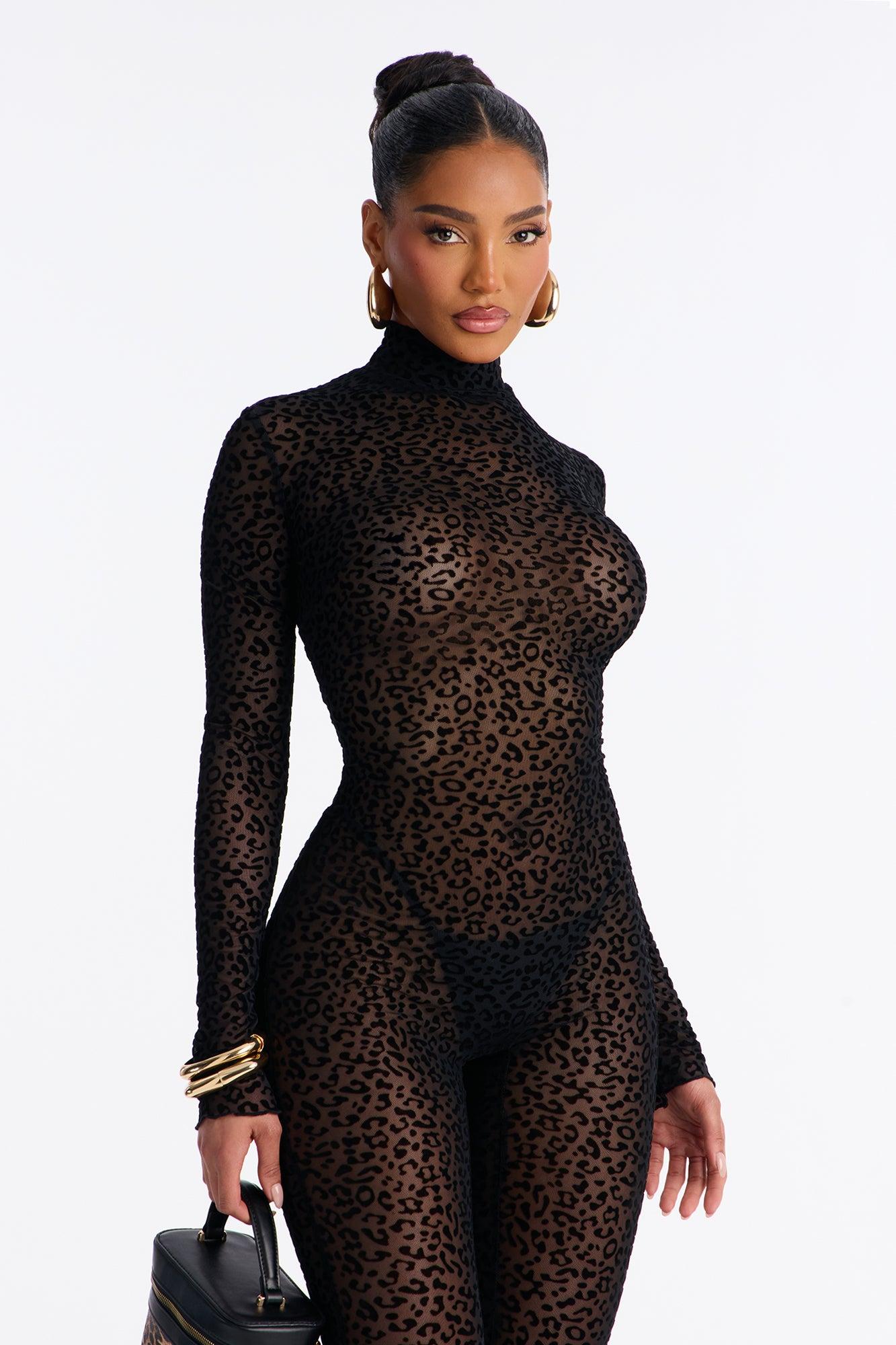 Spotted Desire Leopard Mesh Jumpsuit - Black/Black Female Product Image
