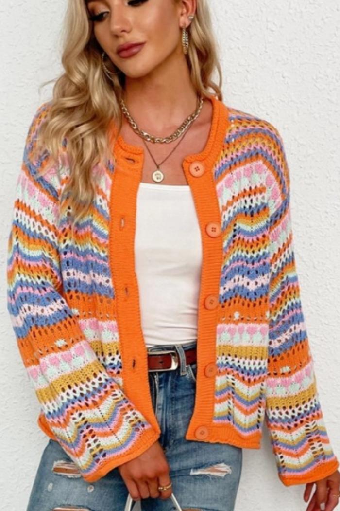 Striped Knit Cardigan Neck Flared Sleeve Button Sweater Product Image