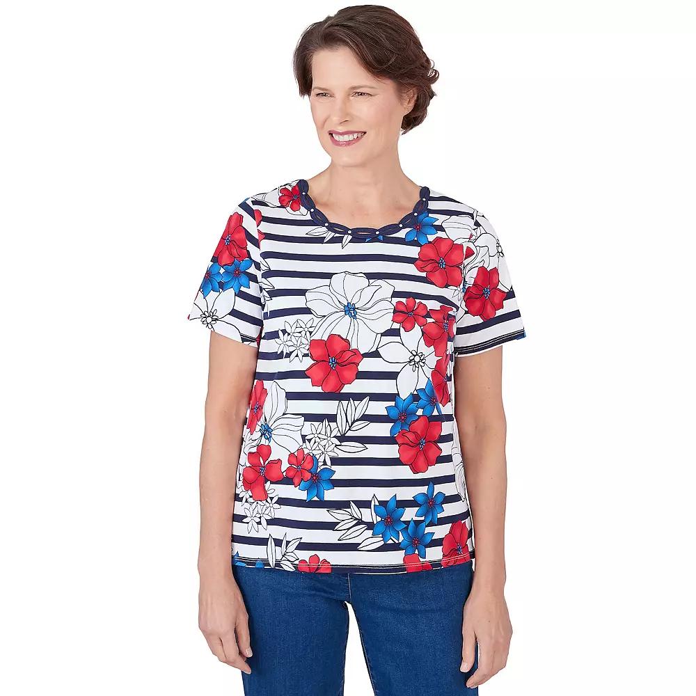 Women's Alfred Dunner Floral Stripe Braided Neck T-Shirt,  Product Image
