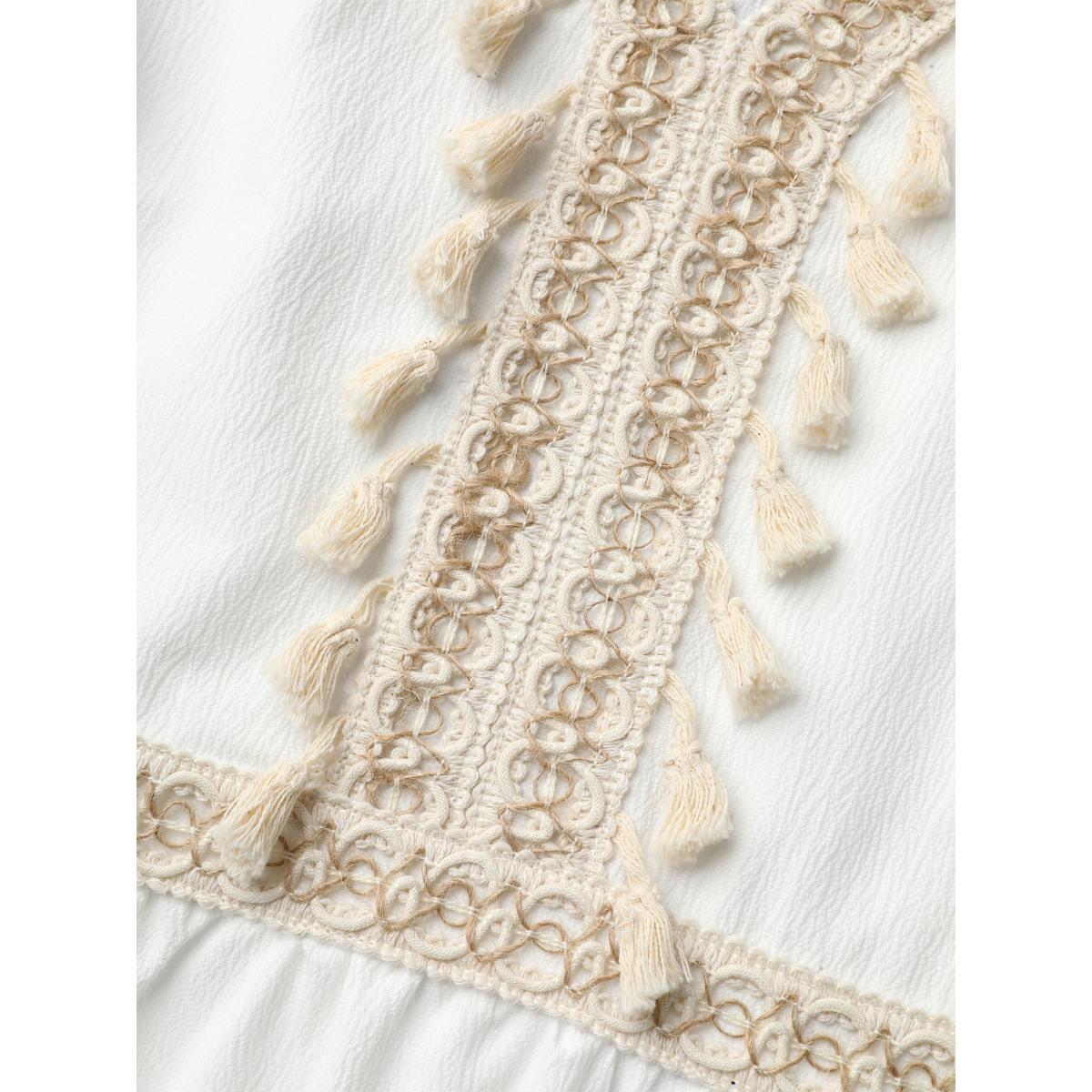 Plus Size Tassel Textured Stretchy Waist Pockets Midi Dress Ivory Women Resort Woven ribbon&lace trim V-neck Half Sleeve Curvy BloomChic 18-20/2X Product Image