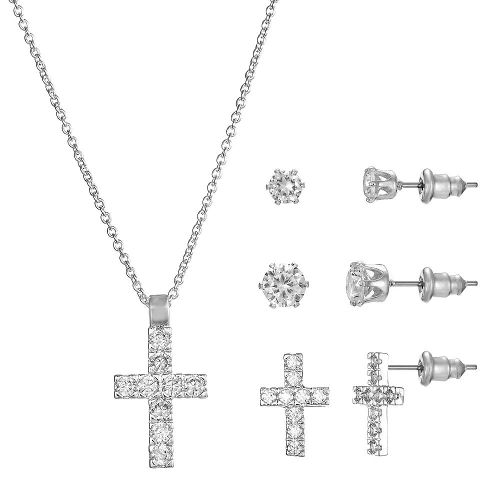 Silver Tone Cubic Zirconia Cross Pedant Necklace & Stud Earrings Trio Set, Women's, Size: 18+3", Silver Tone Clear Product Image