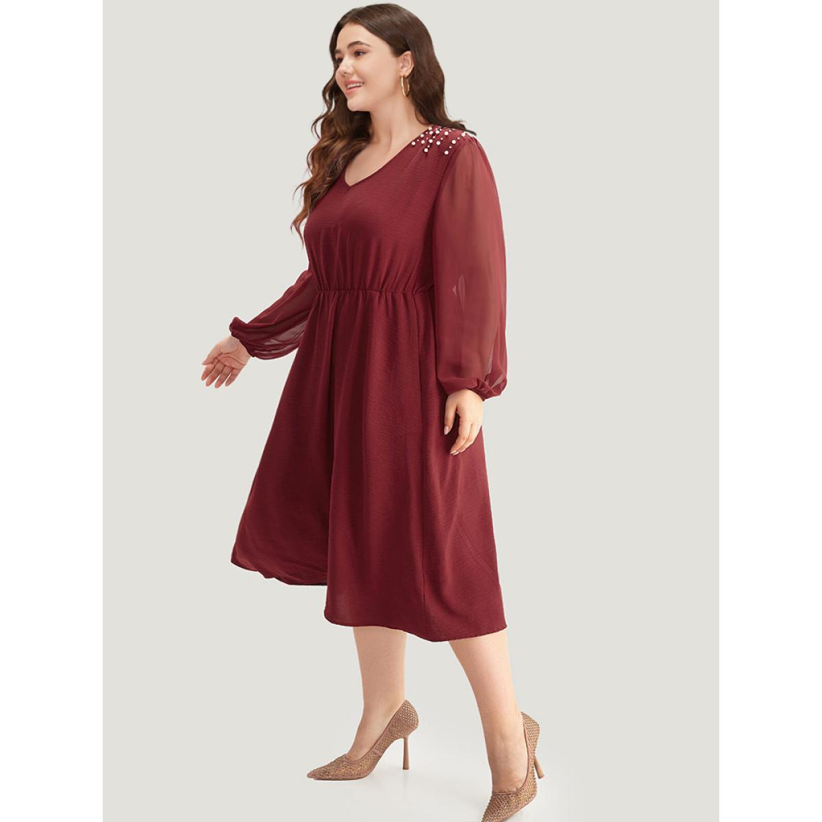 Plus Size Pearl Beaded Pocket Mesh Patchwork Dress Scarlet Women Elegant Elastic cuffs V-neck Long Sleeve Curvy Midi Dress BloomChic 18-20/2X Product Image