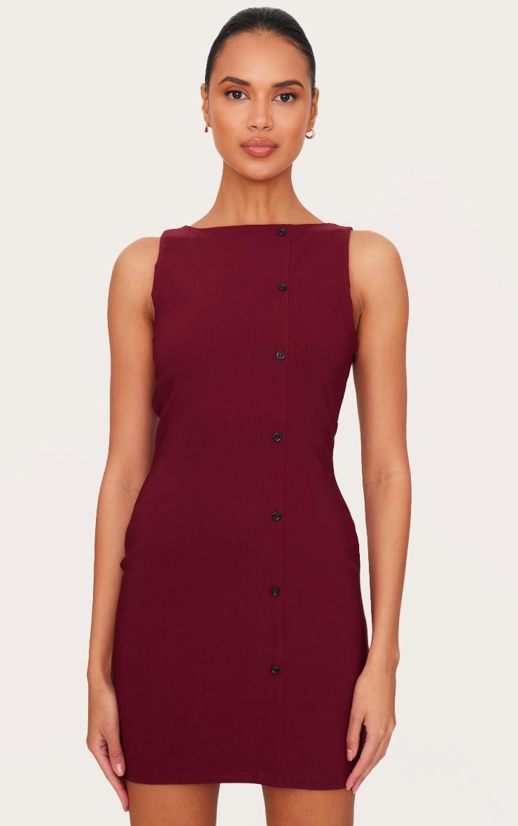 Burgundy Stretch Woven Button Down Shift Dress Product Image