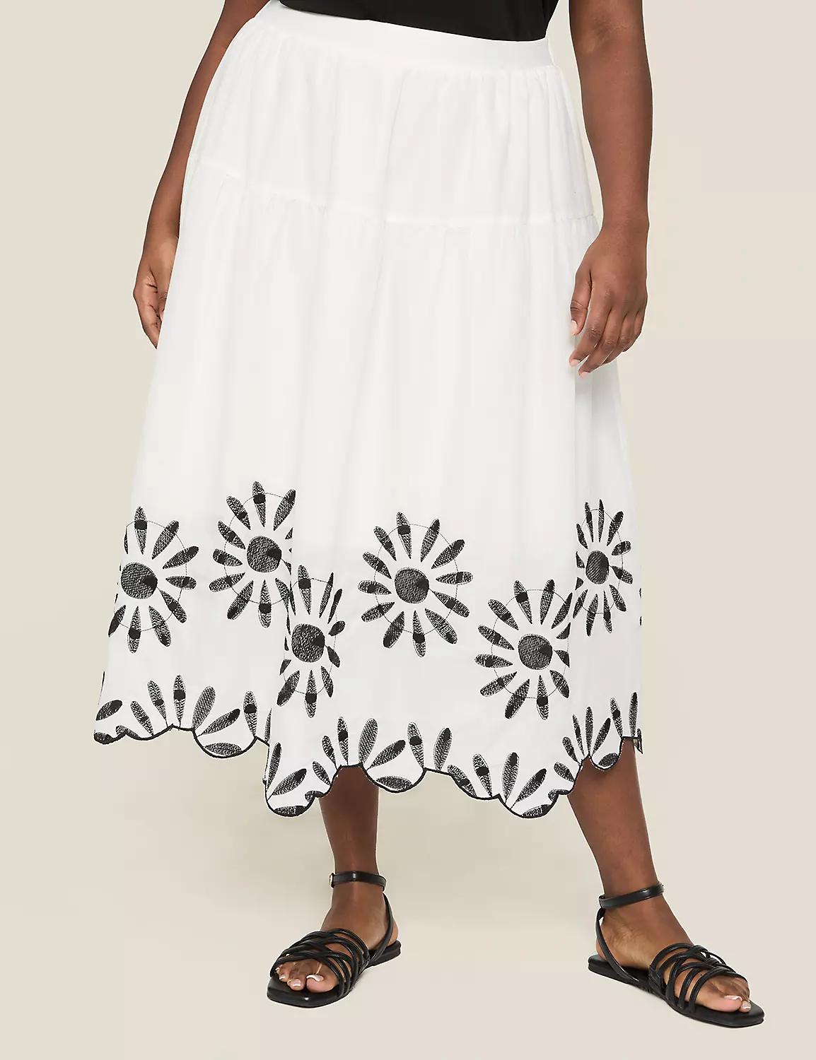 Embroidered Scallop-Hem Tiered Midi Skirt Product Image