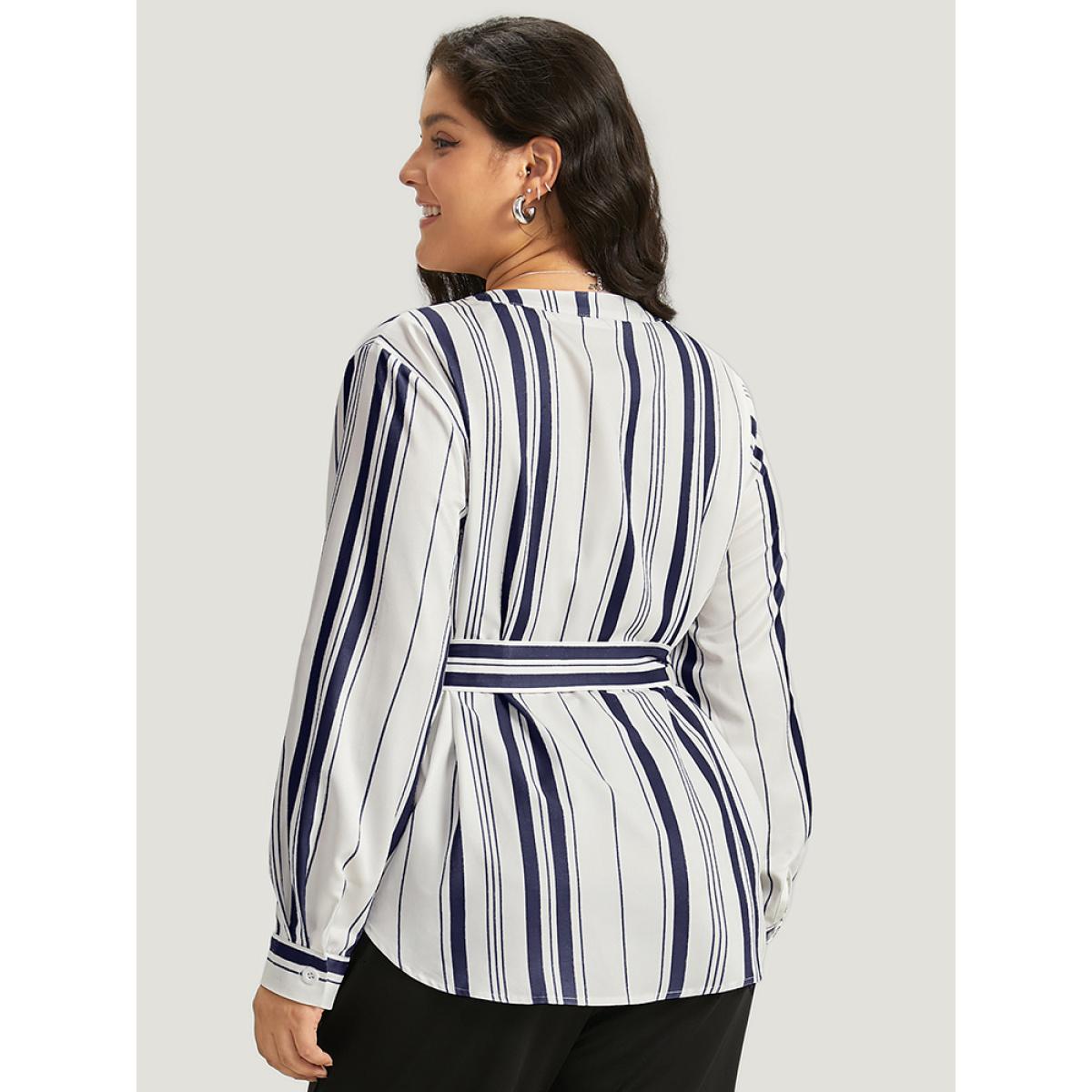Plus Size Indigo Striped Arc Hem Belted Roll Tab Sleeve Blouse Women Office Long Sleeve V-neck Work Blouses BloomChic 18-20/2X Product Image