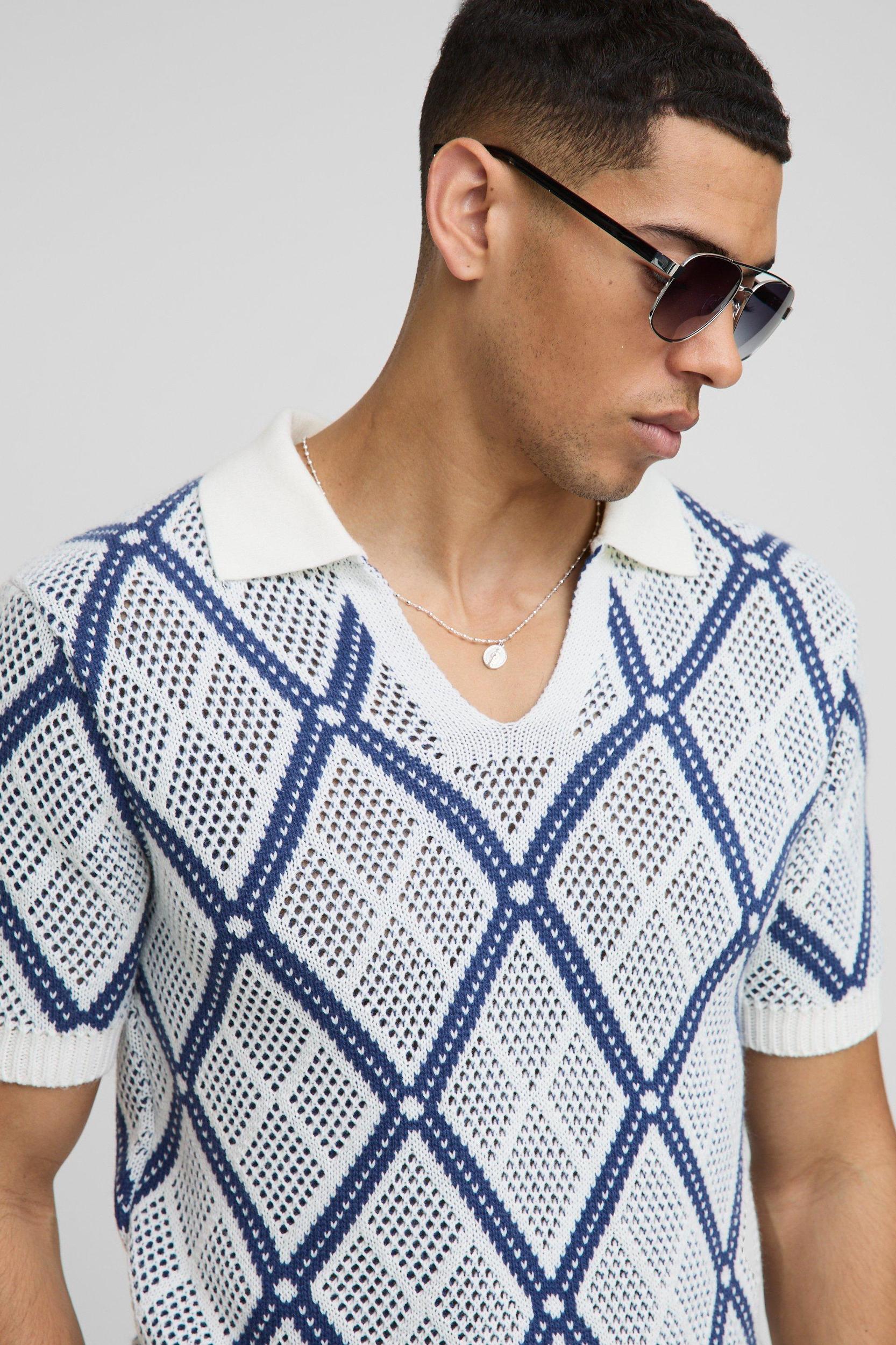 Regular Fit Crochet Knitted Polo | boohooMAN USA Product Image