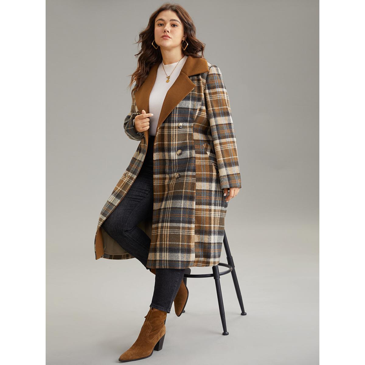 Plus Size Plaid Belted Contrast Lapel Collar Trench Coat Women Bronze Elegant Lined Ladies Dailywear Winter Coats BloomChic 14-16/1X Product Image