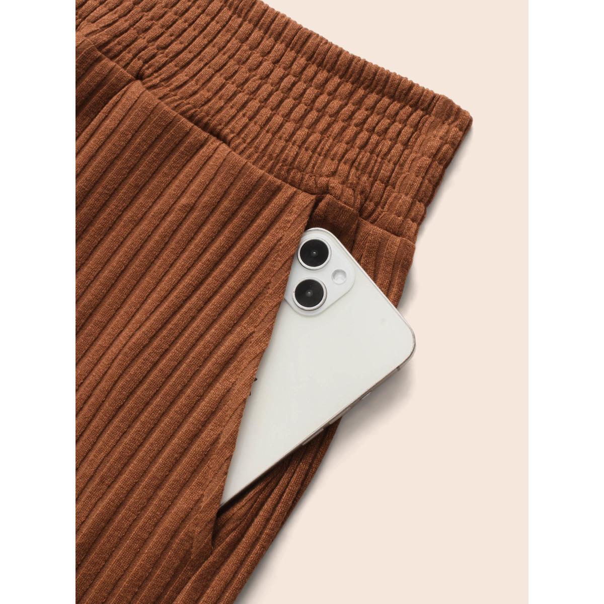 Plus Size Textured Mid Rise Wide Leg Pants Women Yellowishbrown Casual Wide Leg Mid Rise Everyday Pants BloomChic 10/M Product Image