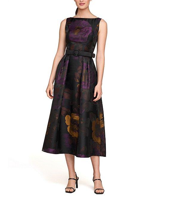 Kay Unger Floral Jacquard Bateau Neck Sleeveless V-Back Belted Fit & Flare Dress Product Image