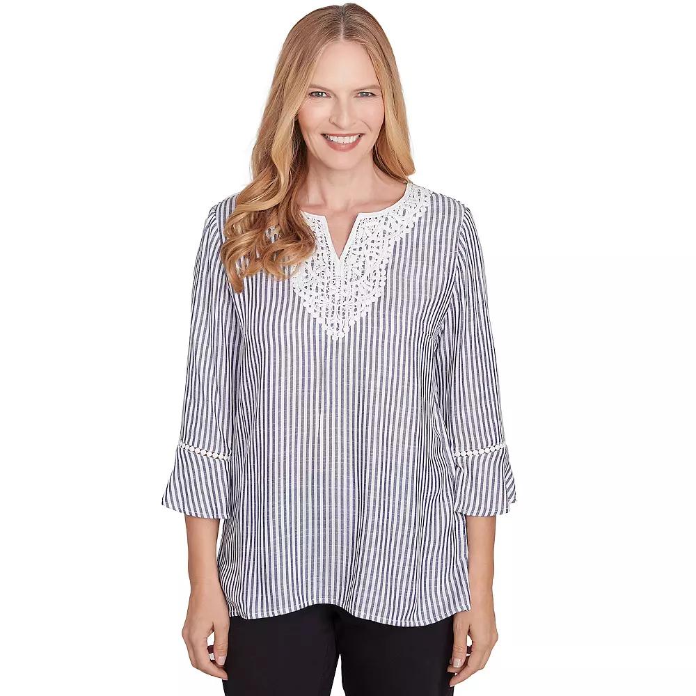 Women's Alfred Dunner Embroidered Split Neck Striped Top, Size: Medium, Black And White Product Image