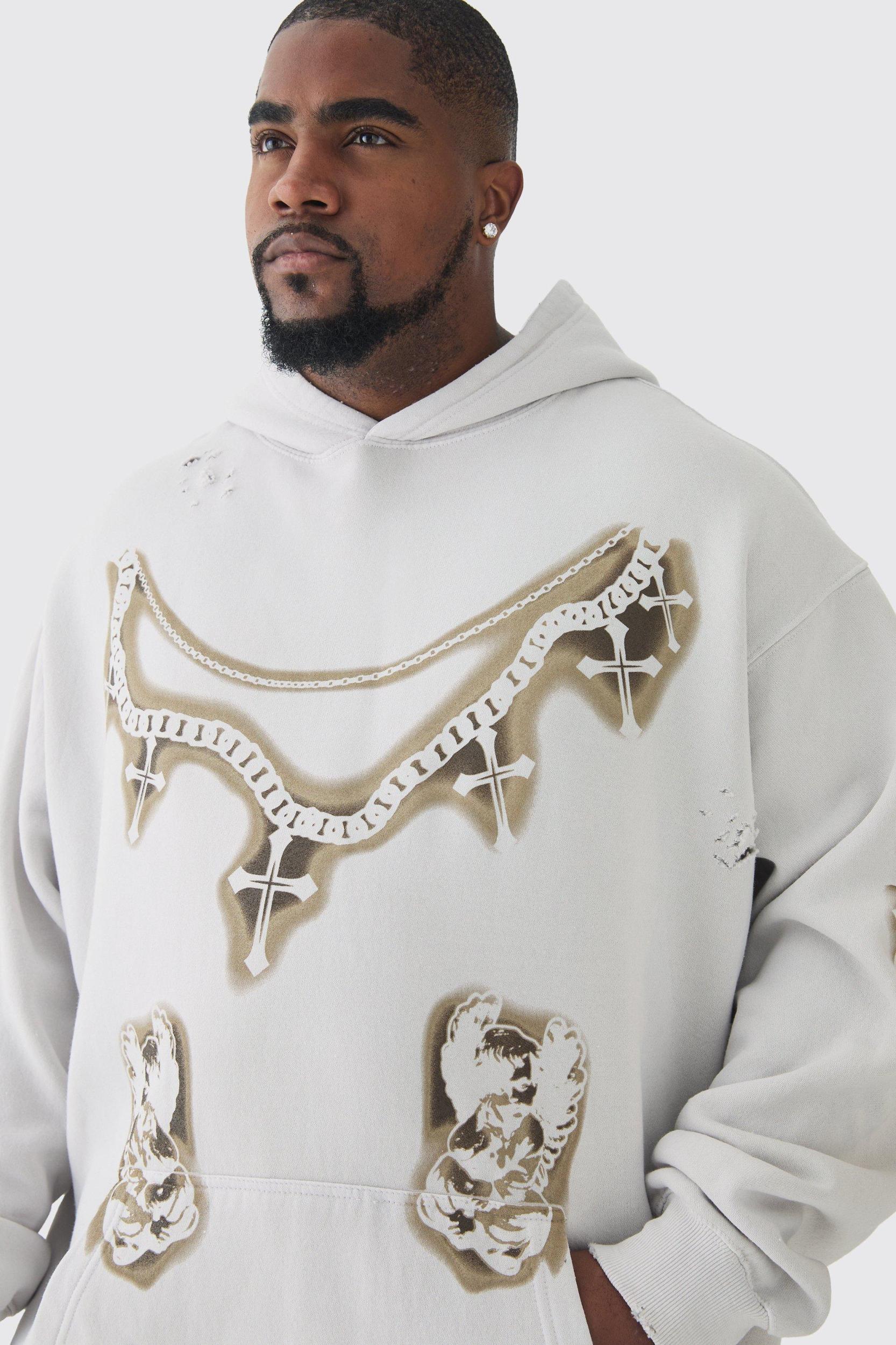 Plus Cross Print Oversized Distressed Washed Hoodie in Ecru | boohooMAN USA Product Image