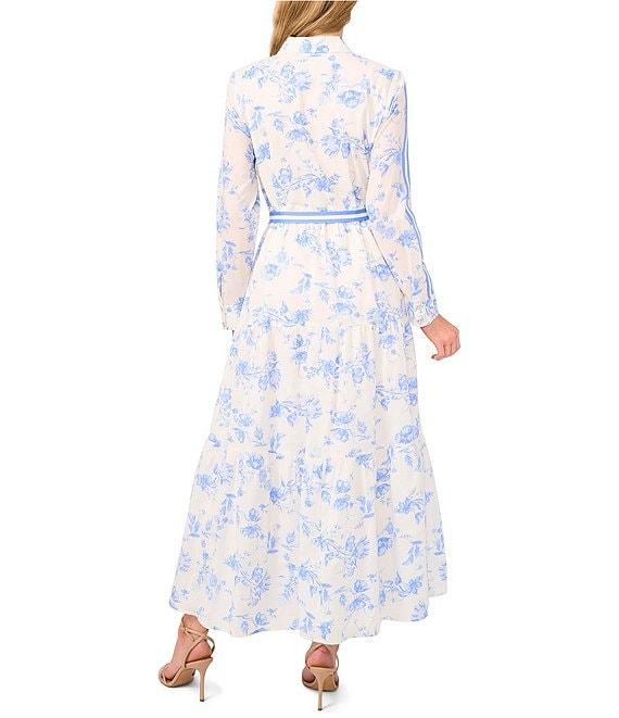 CeCe Floral Print Point Collar Long Sleeve Novelty Trim Belted Maxi Shirt Dress Product Image