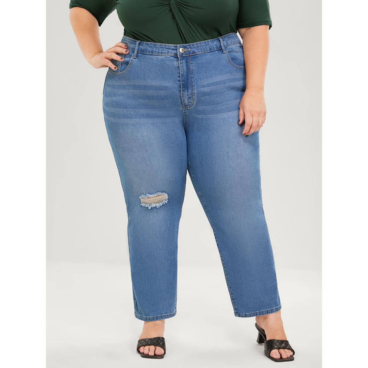 Plus Size Skinny Very Stretchy High Rise Medium Wash Distressed Ankle Jeans Women Blue Casual Plain Plain High stretch Pocket Jeans BloomChic 30/6X Product Image