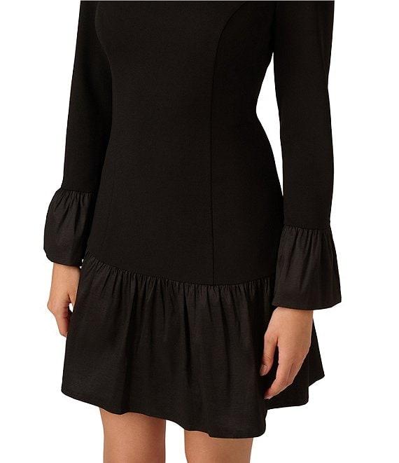 Adrianna Papell Stretch Crepe Taffeta Crew Neck Long Bell Sleeves Drop Waist Mini Dress Product Image