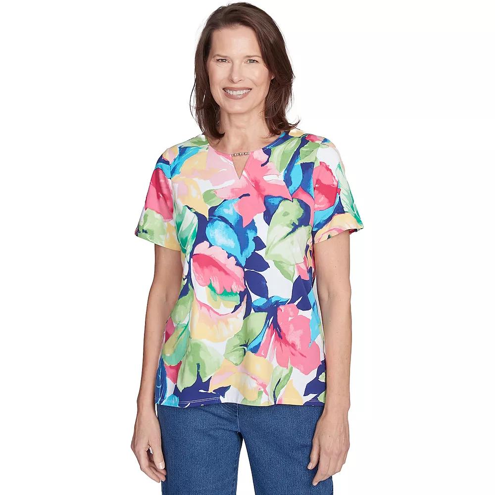 Petite Alfred Dunner Tropical Leaf Split Beaded Neck Top, Women's,  Product Image