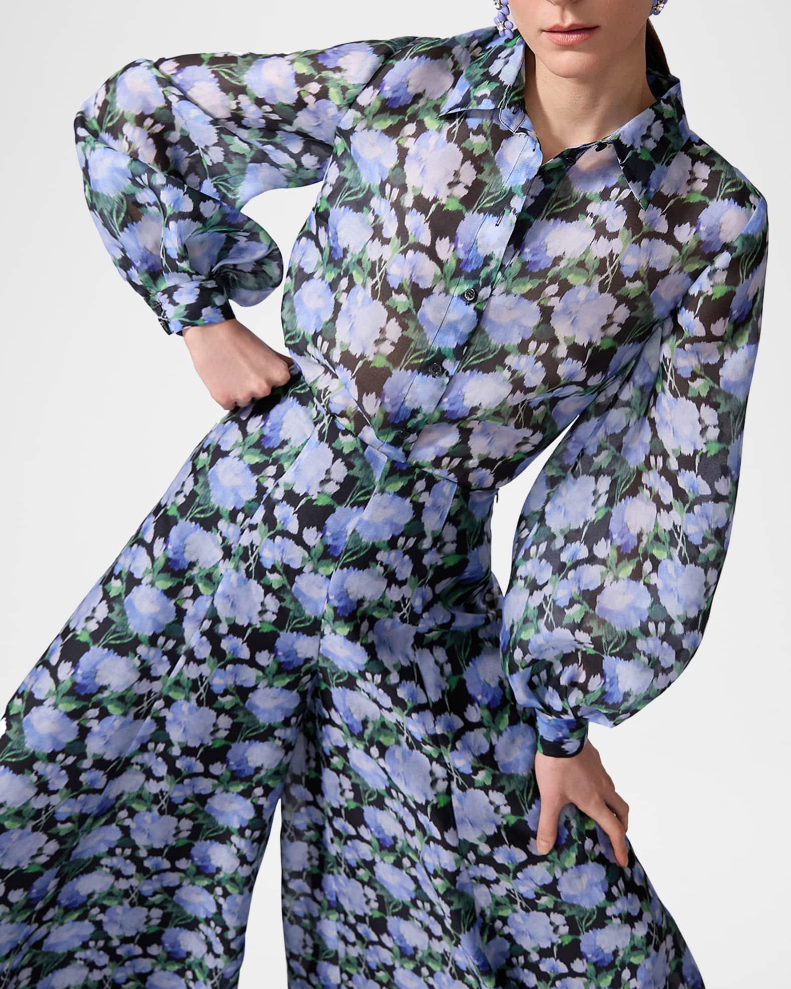 Floral Silk Puff-Sleeve Button-Down Shirt Product Image