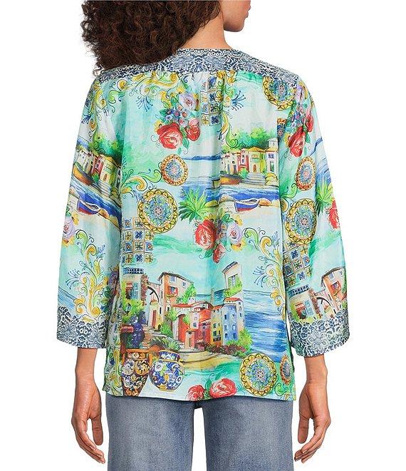 JOHNNY WAS Scenic Print Silk Split V-Neck 3/4 Sleeve Flowy Blouse Product Image