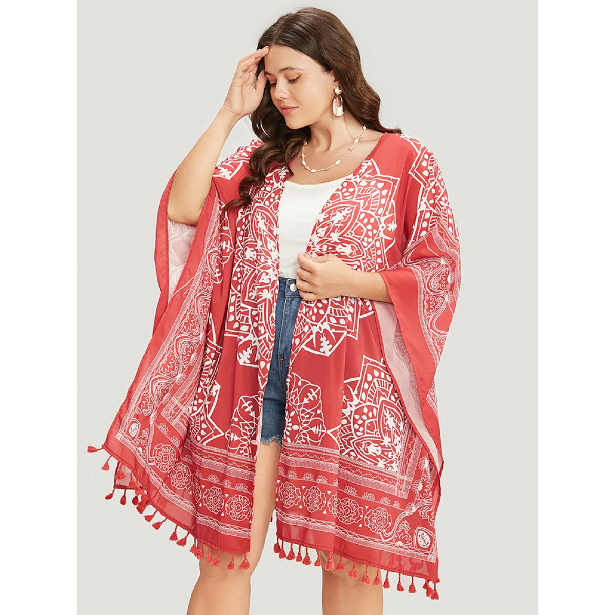 Plus Size Bandana Print Tassels Hem Open Front Kimono Women Rust Vacation Printed Oversized Dailywear Kimonos BloomChic 28/5X Product Image