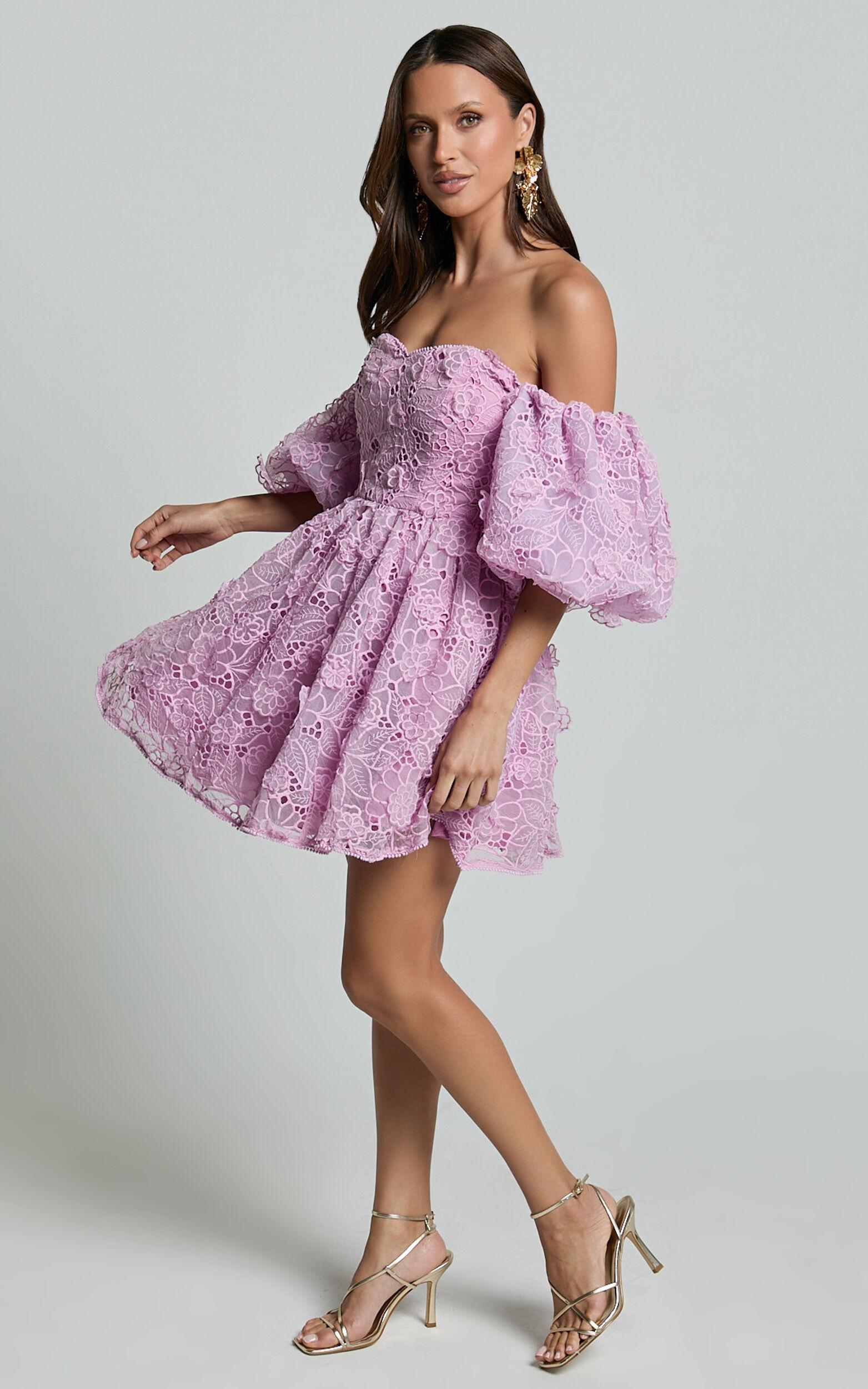 Amalie The Label - Lorena Sweetheart Off Shoulder Puff Sleeve Mini Dress in Purple Product Image