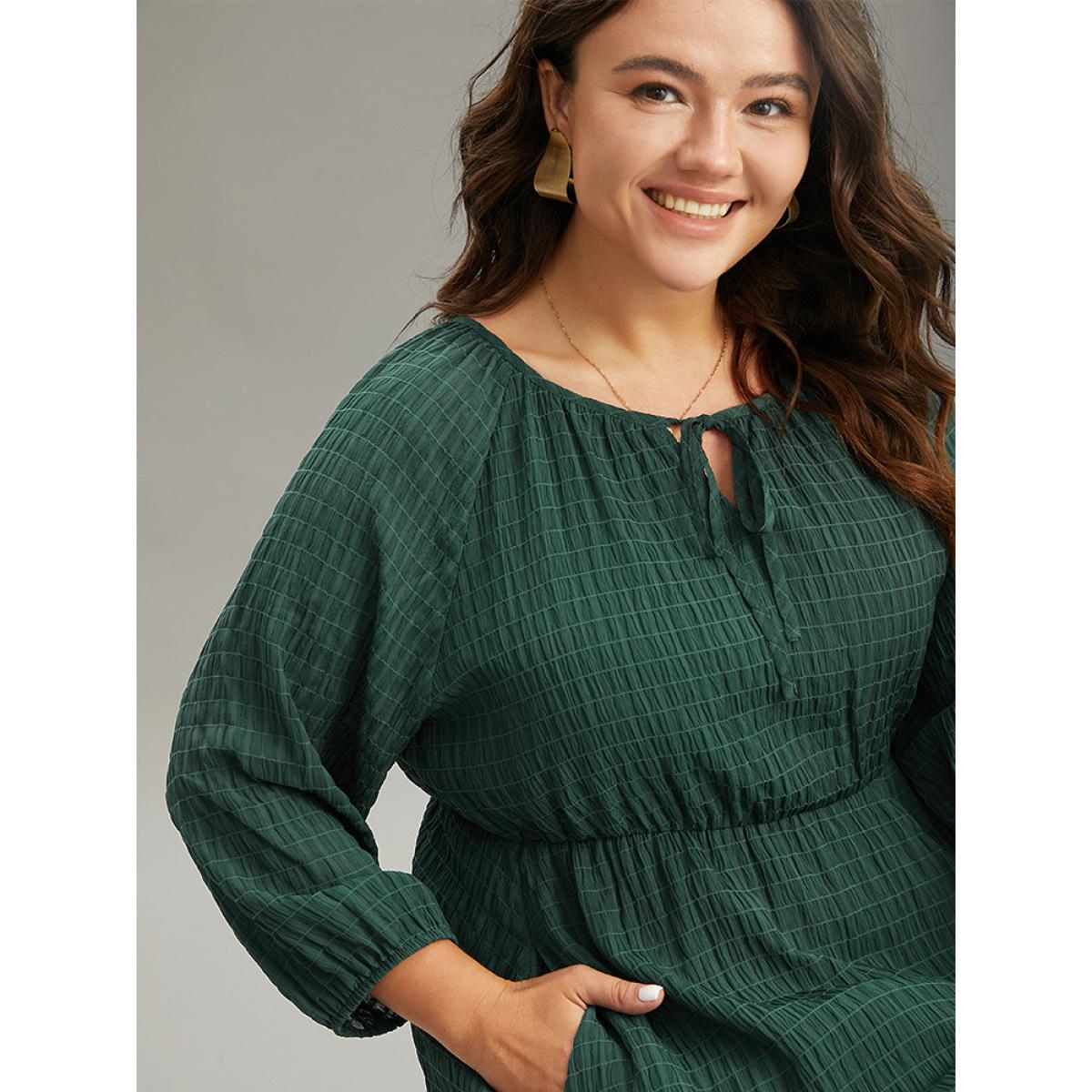 Plus Size Solid Textured Knot Neck Gathered Lantern Sleeve Dress DarkGreen Women Elegant Elastic cuffs Tie Neck Elbow-length sleeve Curvy Midi Dress BloomChic 22-24/3X Product Image