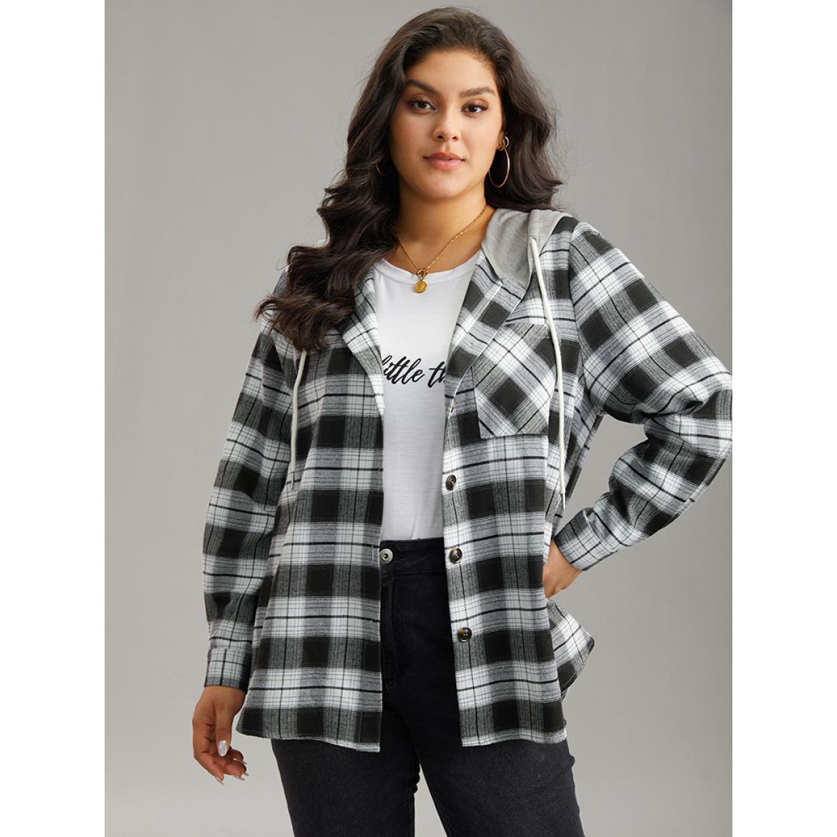 Plus Size Plaid Patchwork Hooded Drawstring Button Through Jacket Women Black Casual Jackets BloomChic 10/M Product Image