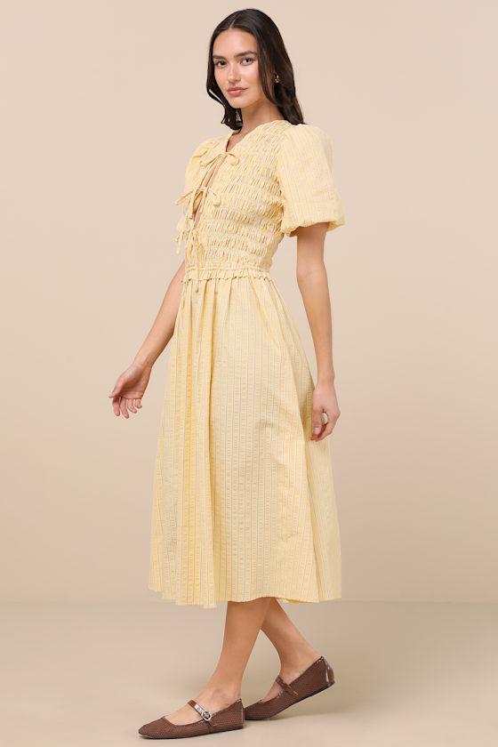 Sara Yellow Striped Smocked Puff Sleeve Midi Dress Product Image
