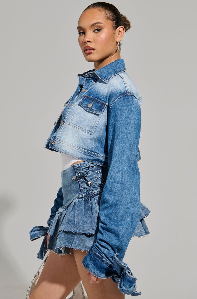 HERE FOR A GOOD TIME CROPPED DENIM JACKET Product Image