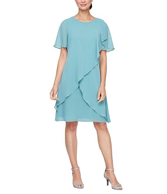 Ignite Evenings Scoop Neck Short Sleeve Tulip Overlay Beaded Trim Chiffon Dress Product Image