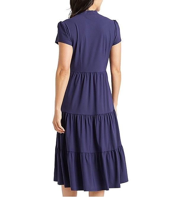 Jude Connally Libby Solid Jude Cloth Knit V-Neck Short Puffed Sleeve A-Line Tiered Midi Dress Product Image