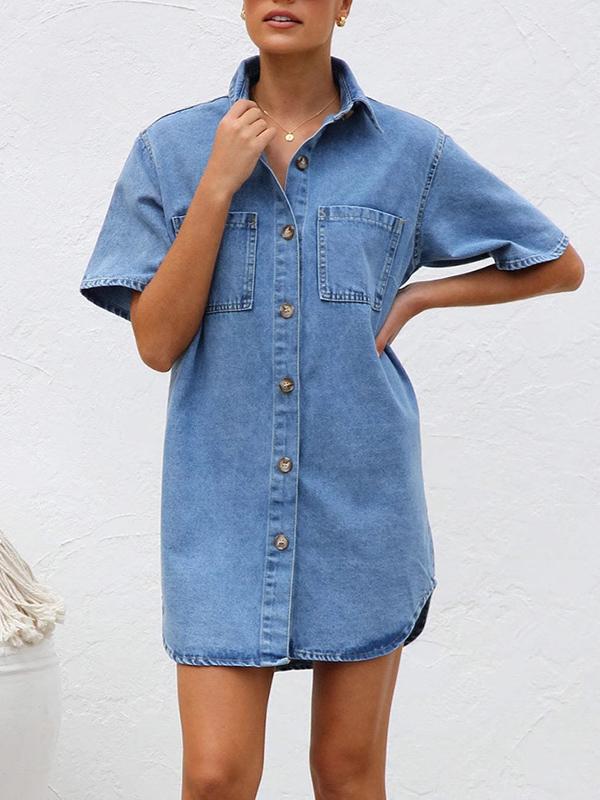 Loose Short Sleeves Split-Joint Lapel Mini Dresses Shirt Dress Product Image