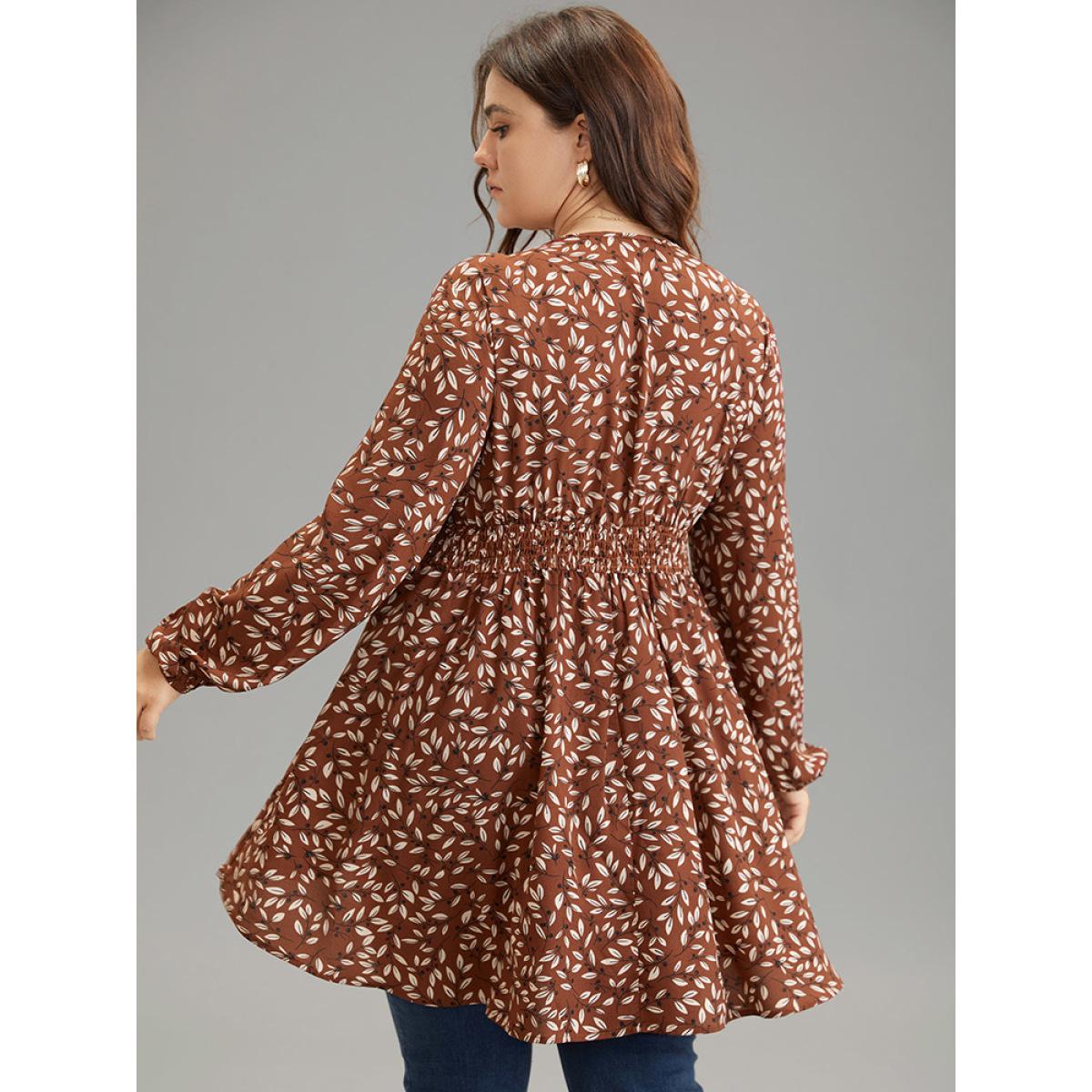 Plus Size Russet Ditsy Floral Shirred Elastic Waist High Low Hem Blouse Women Elegant Long Sleeve V-neck Everyday Blouses BloomChic 28/5X Product Image