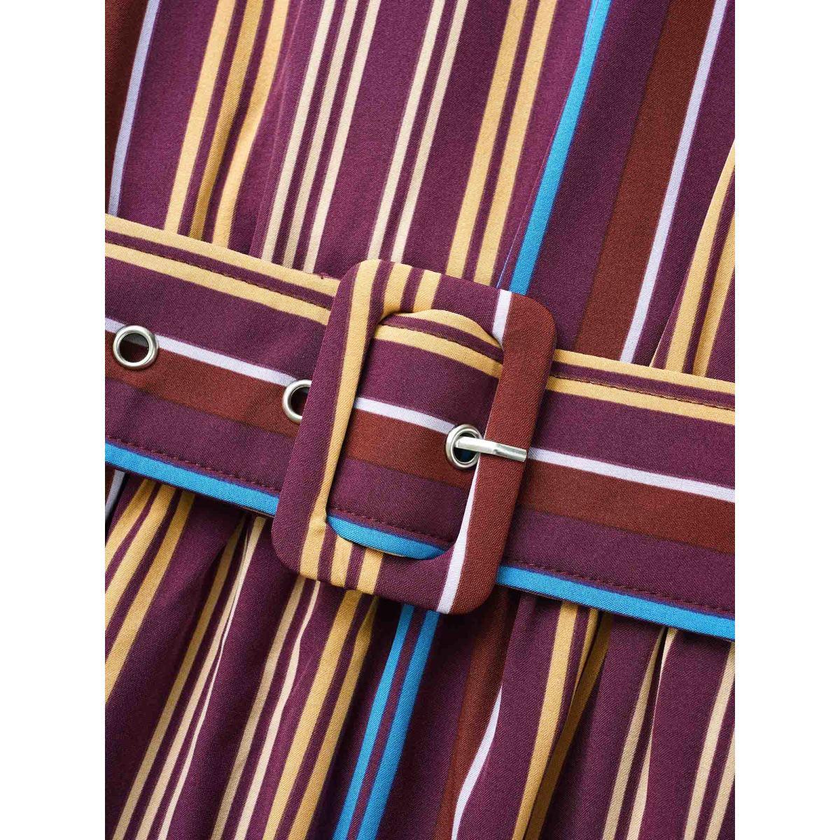 Plus Size Round Neck Contrast Striped Belted Dress Deeppurplered Women At the Office Belted Round Neck Long Sleeve Curvy BloomChic 28/5X Product Image