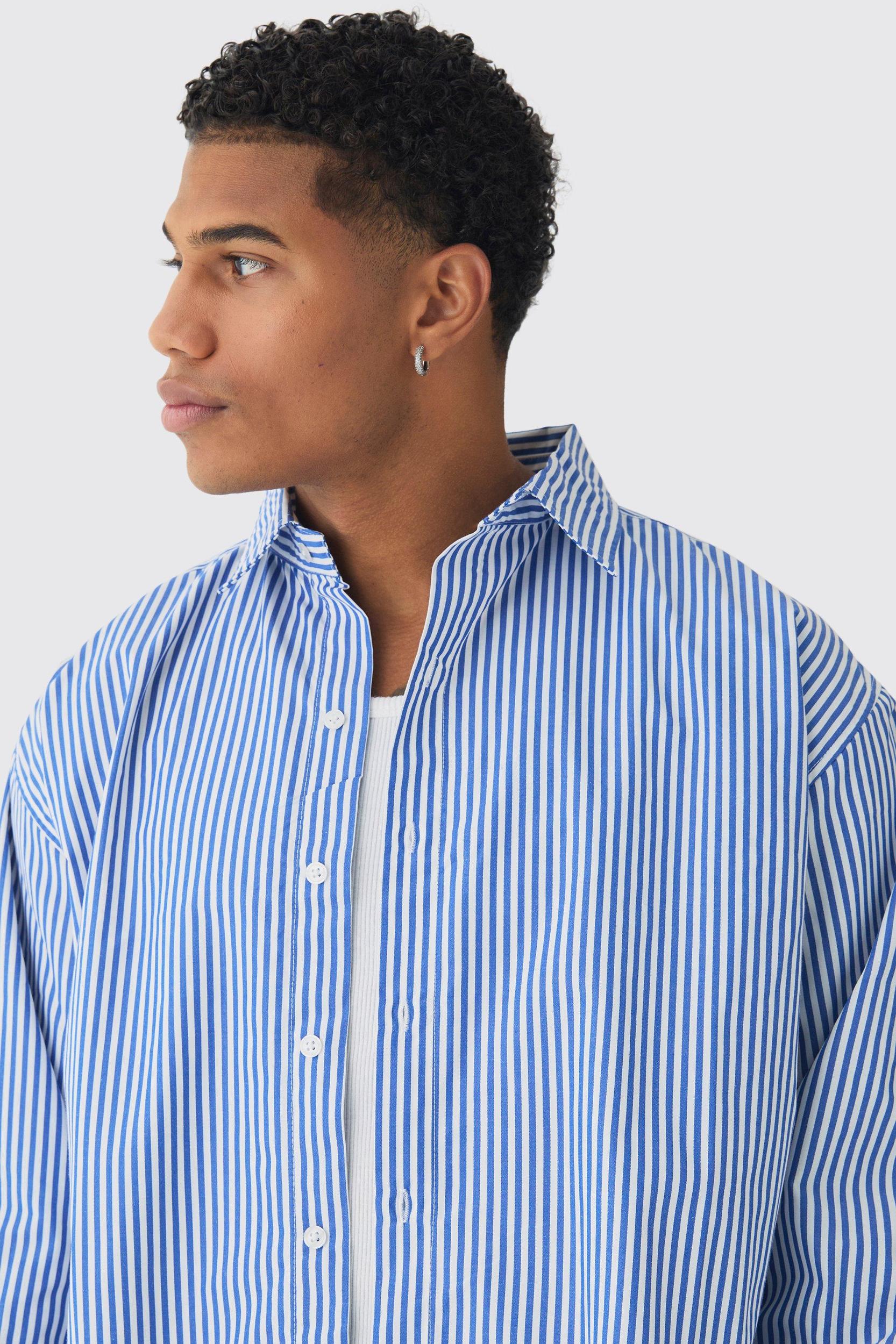 Oversized Striped Long Sleeve Shirt In Blue | boohooMAN USA Product Image