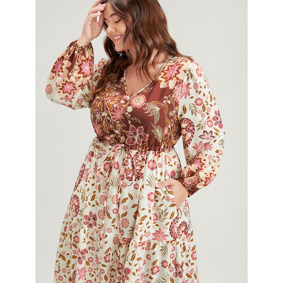 Plus Size Floral Lantern Sleeve Pocket Split Tie Flutter Midi Dress WhiteSmoke Women Vacation Gathered V-neck Long Sleeve Curvy Midi Dress BloomChic 14-16/1X Product Image