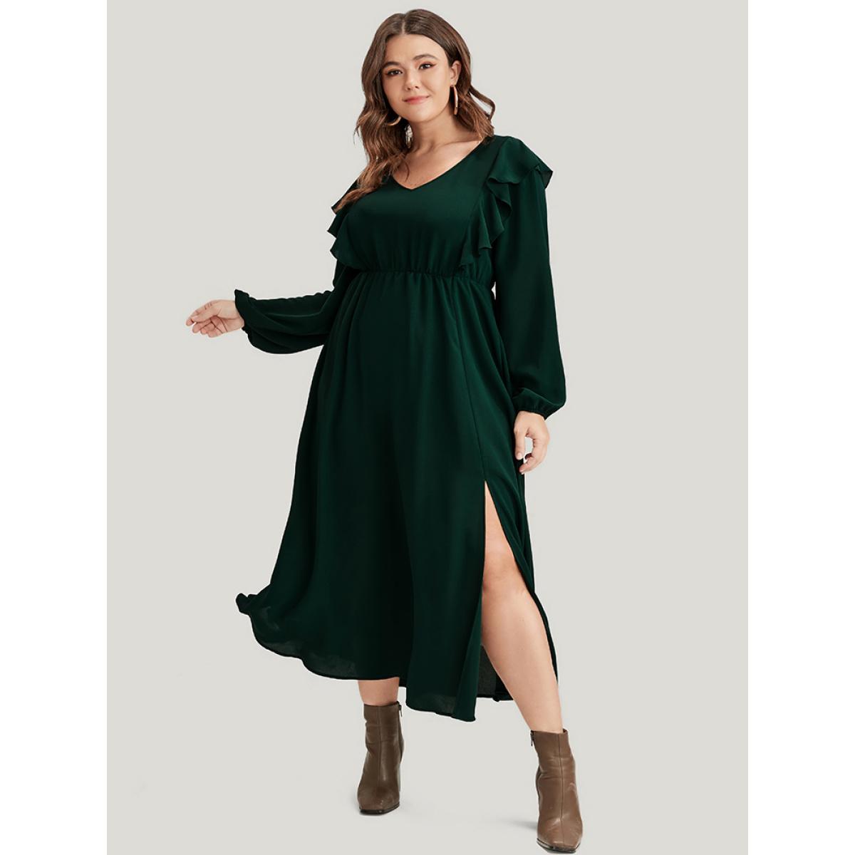 Plus Size Solid Lantern Sleeve Pocket Ruffle Trim Split Midi Dress DarkGreen Women Elegant Pocket V-neck Long Sleeve Curvy Midi Dress BloomChic 10/M Product Image